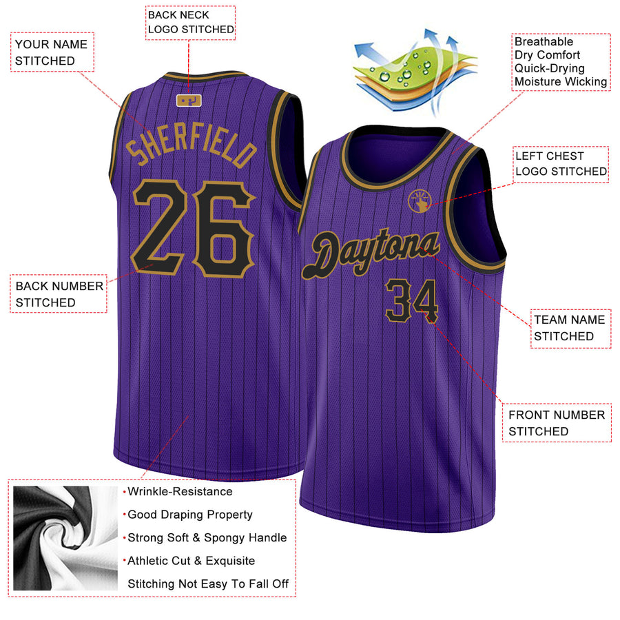 Custom Purple Black Pinstripe Black-Old Gold Authentic Basketball Jersey