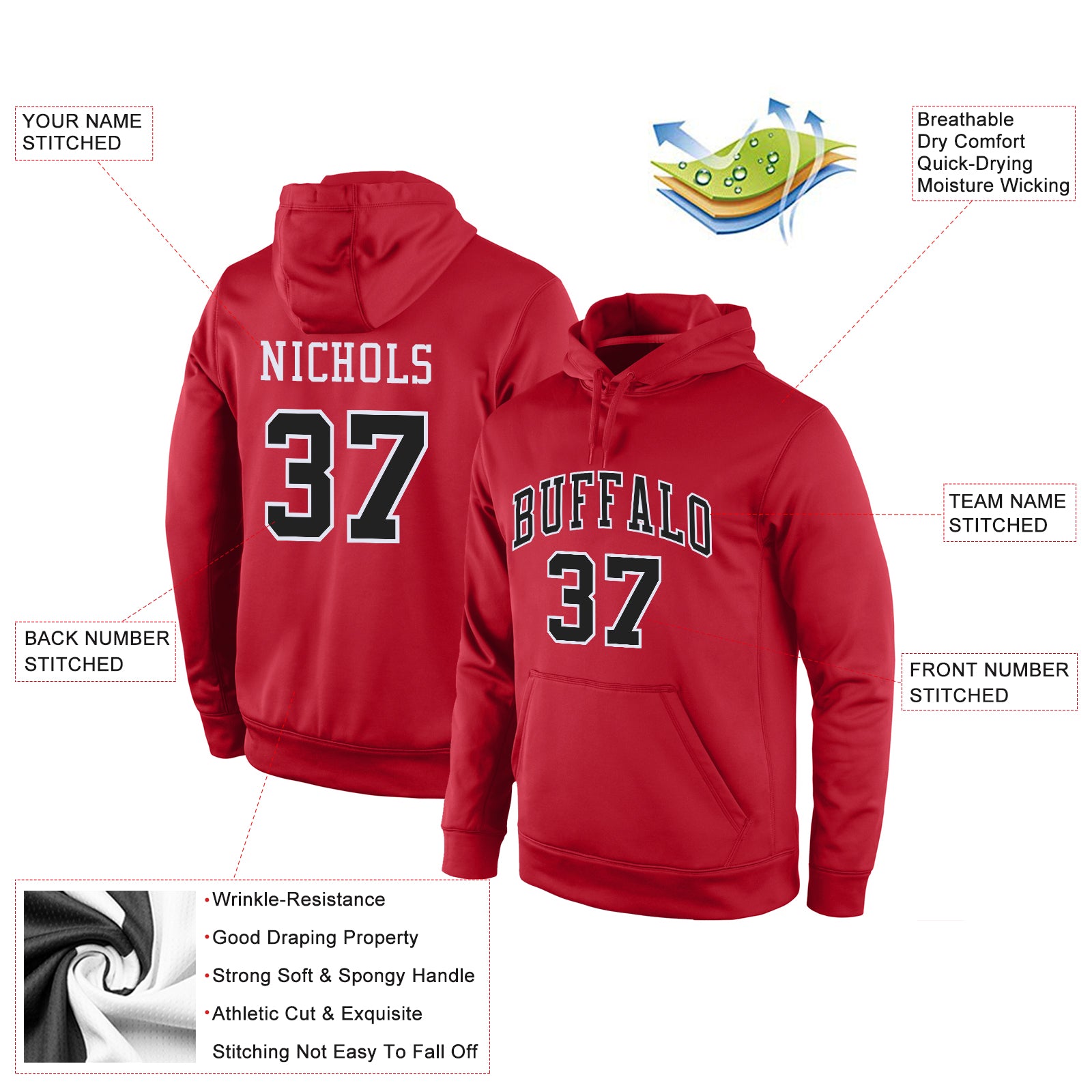 Custom Stitched Red Black-White Sports Pullover Sweatshirt Hoodie