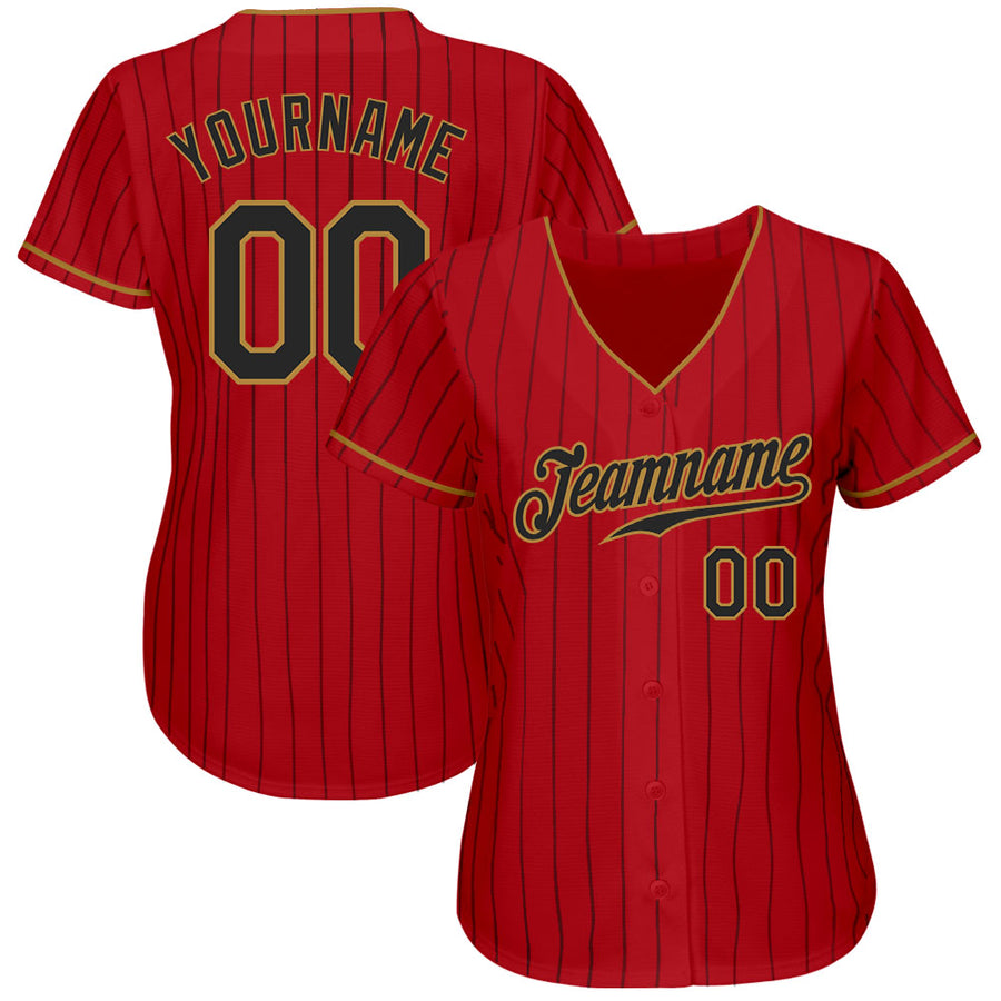 Custom Red Black Pinstripe Black-Old Gold Authentic Baseball Jersey