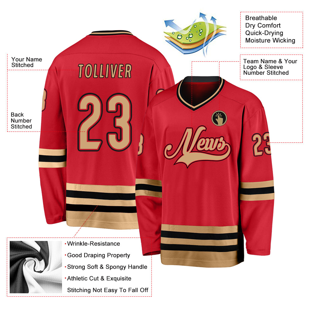 Custom Red Old Gold-Black Hockey Jersey