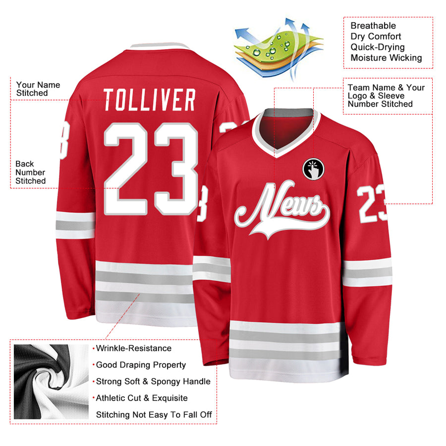 Custom Red White-Gray Hockey Jersey