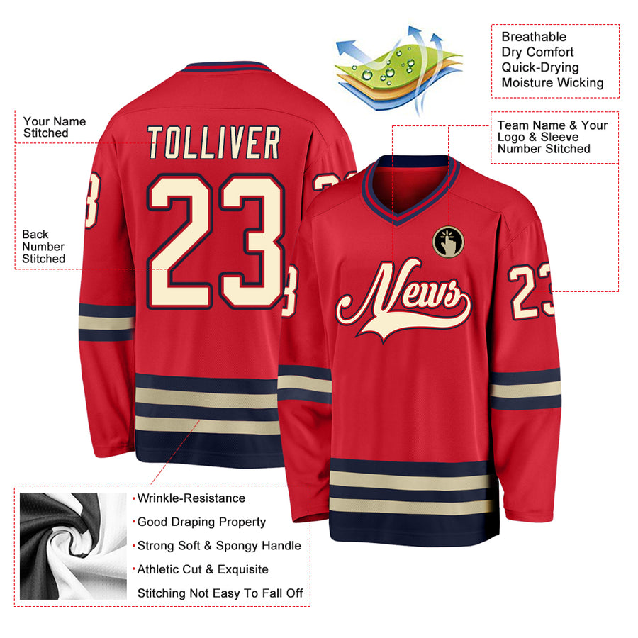 Custom Red Cream-Navy Hockey Jersey