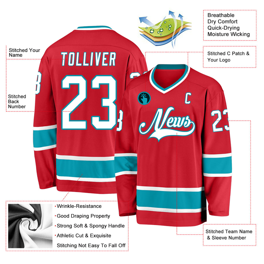 Custom Red White-Teal Hockey Jersey