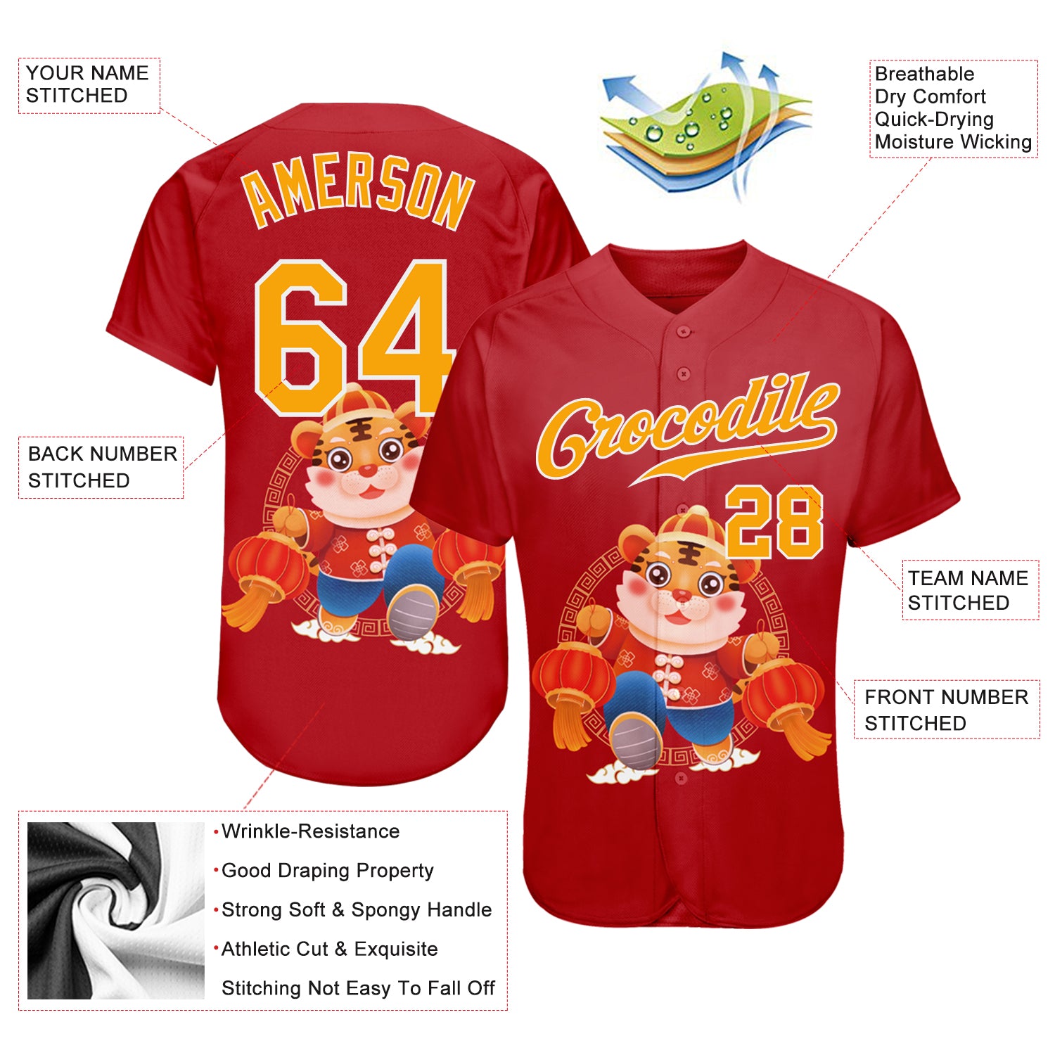 Custom Red Gold-White 3D Pattern Design Cute Tiger Authentic Baseball Jersey