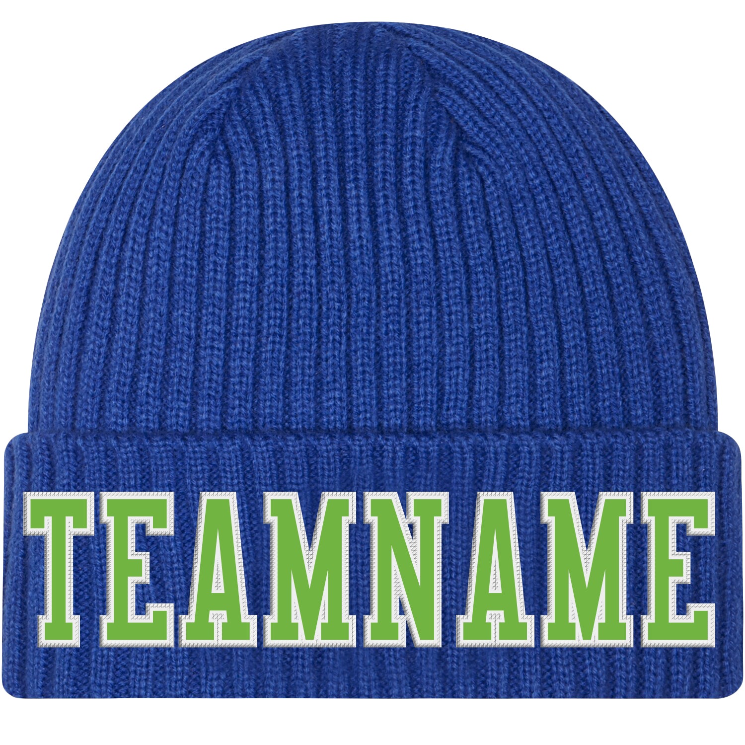 Custom Royal Neon Green-White Stitched Cuffed Knit Hat