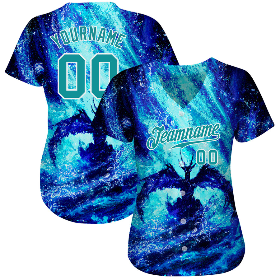 Custom Royal Teal-White 3D Pattern Design Water Dragon Authentic Baseball Jersey