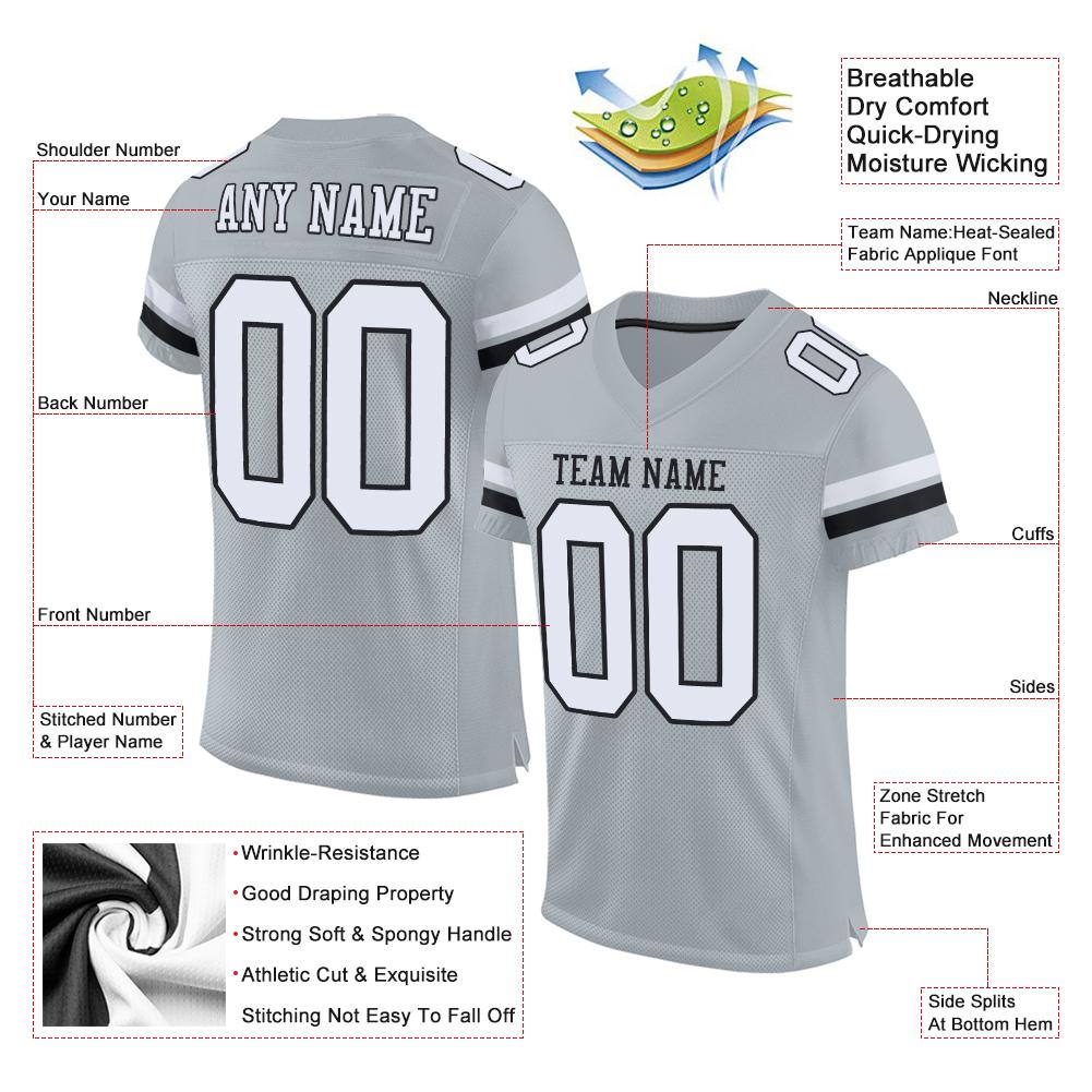 Custom Silver Black-White Mesh Drift Fashion Football Jersey