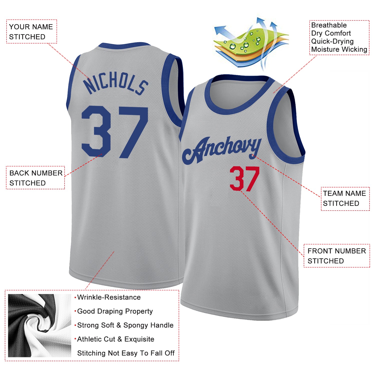 Custom Gray Royal-Red Round Neck Rib-Knit Basketball Jersey