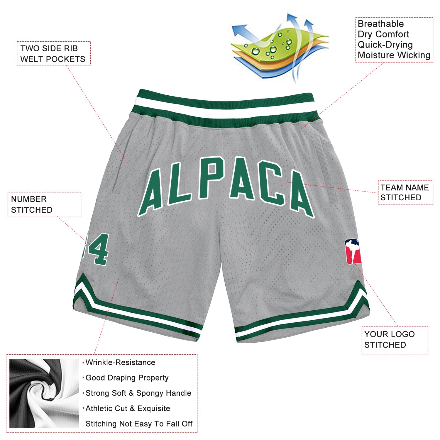 Custom Gray Kelly Green-White Authentic Throwback Basketball Shorts