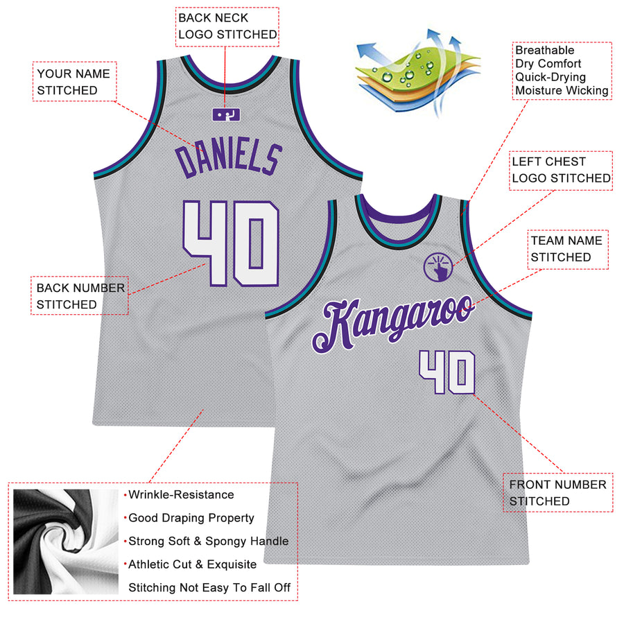 Custom Gray White-Purple Authentic Throwback Basketball Jersey