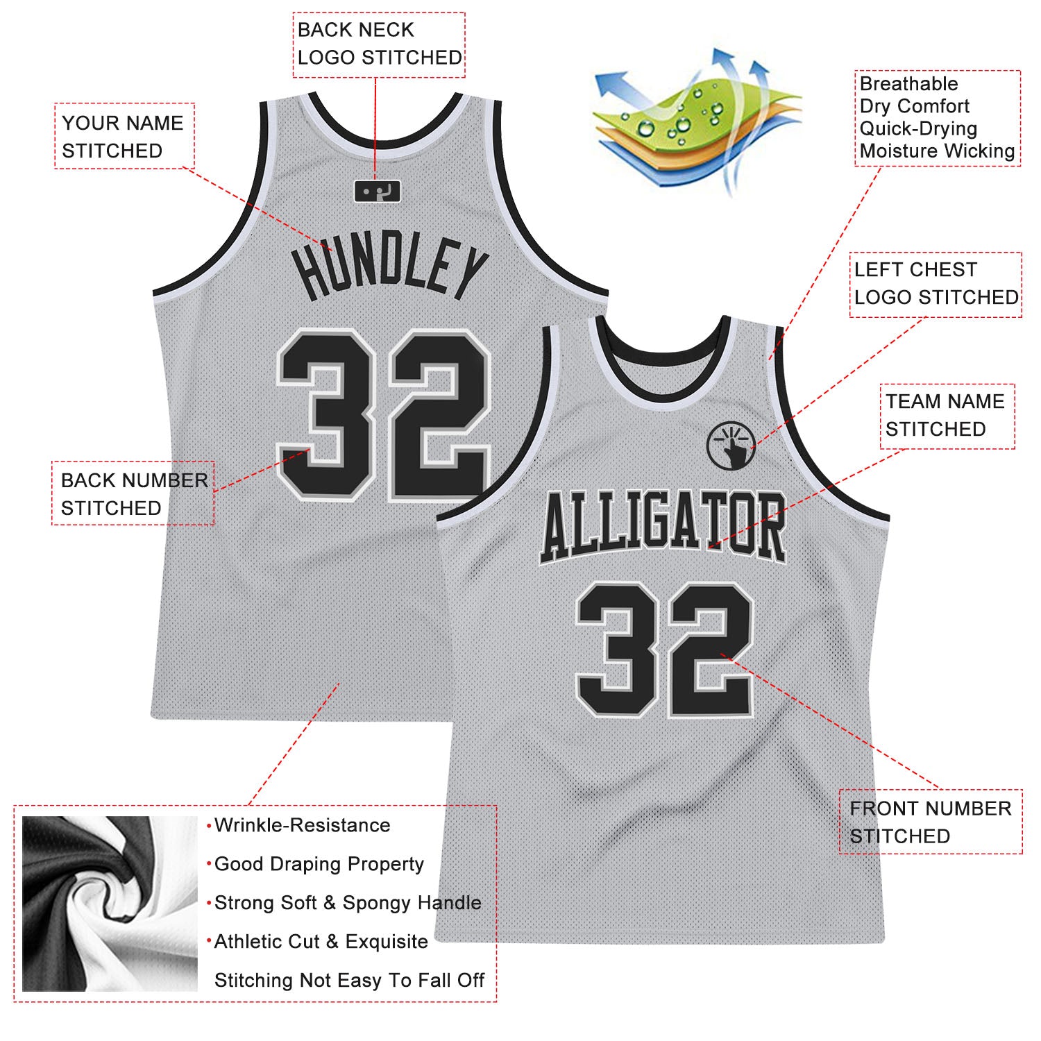 Custom Gray Black-White Authentic Throwback Basketball Jersey