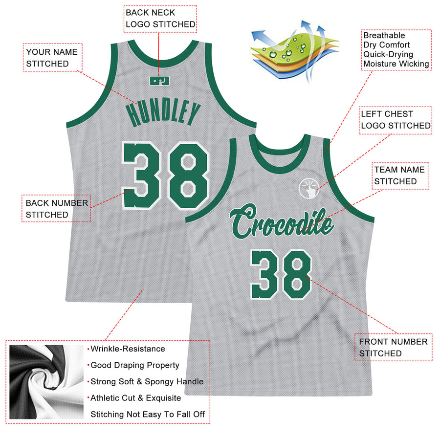 Custom Gray Kelly Green-White Authentic Throwback Basketball Jersey