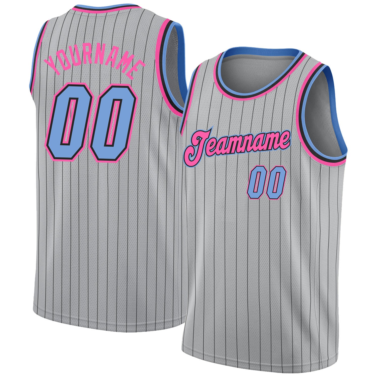 Custom Gray Black Pinstripe Light Blue-Pink Authentic Basketball Jersey