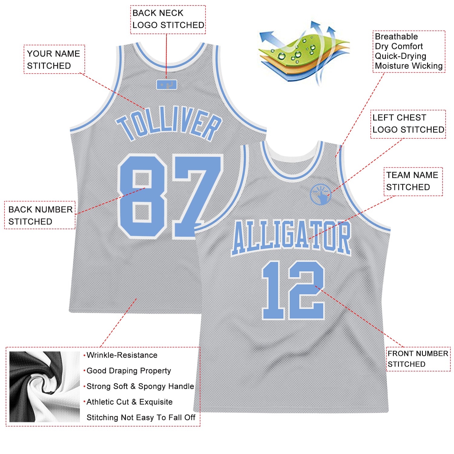 Custom Gray Light Blue-White Authentic Throwback Basketball Jersey