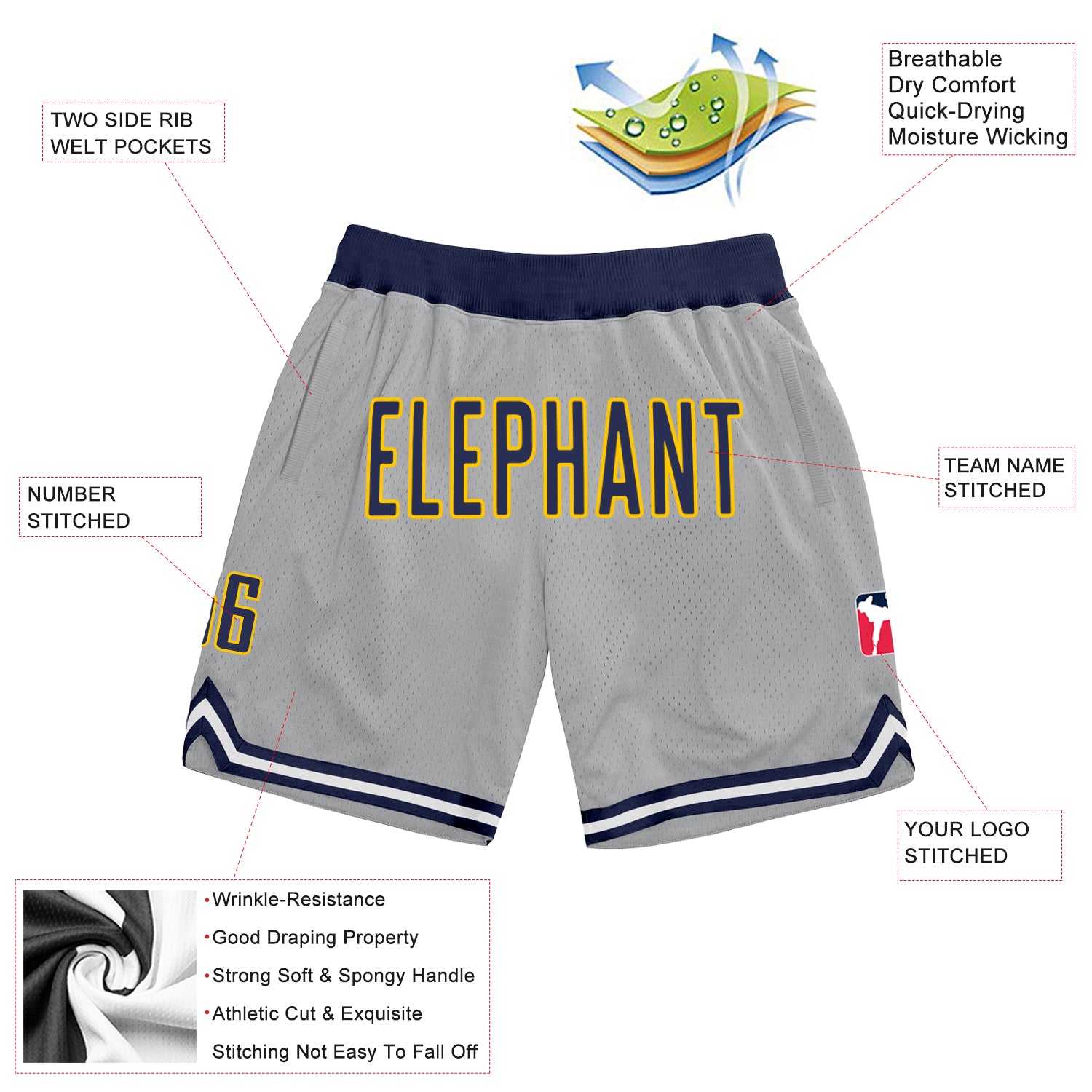 Custom Gray Navy-Gold Authentic Throwback Basketball Shorts