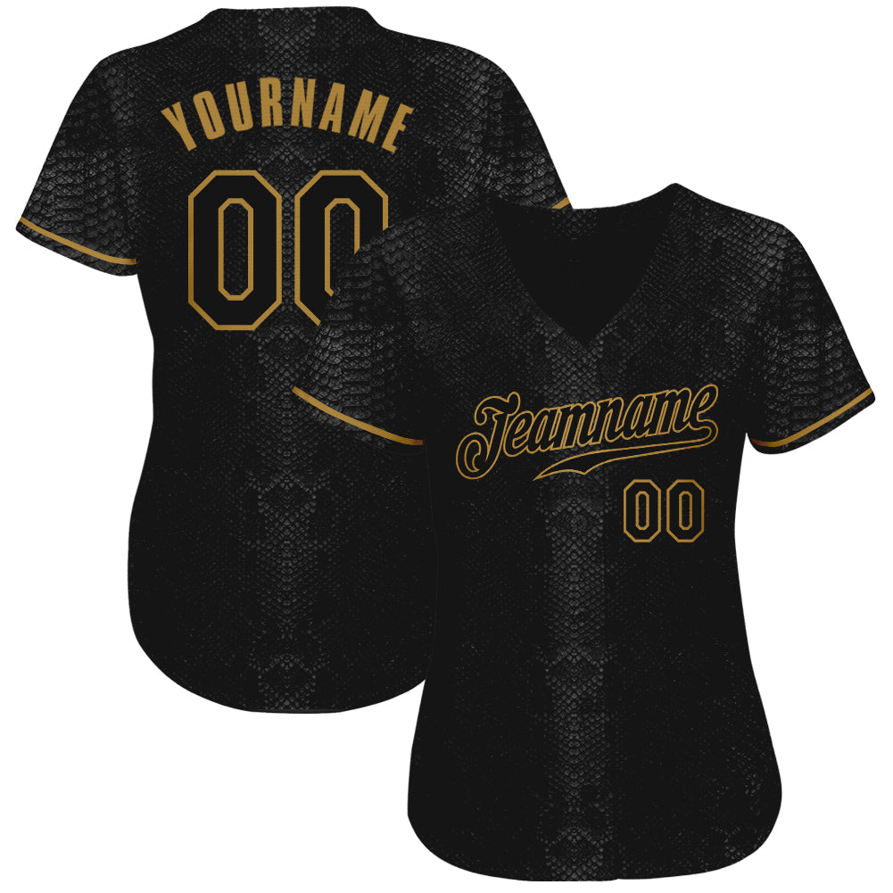 Custom Black Snakeskin Black-Old Gold 3D Pattern Design Authentic Baseball Jersey