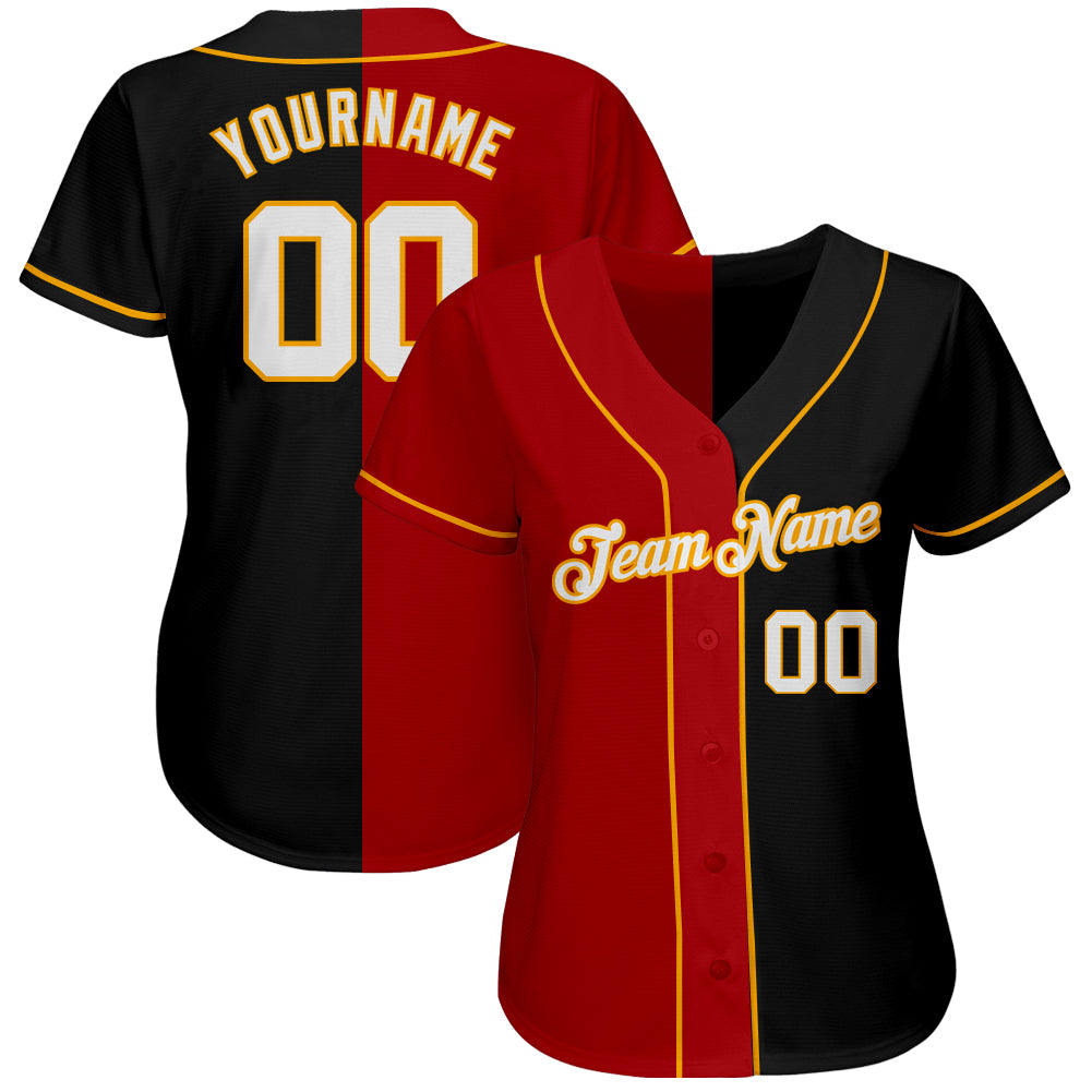 Creat Baseball Authentic Black Red Split Fashion Gold Jersey