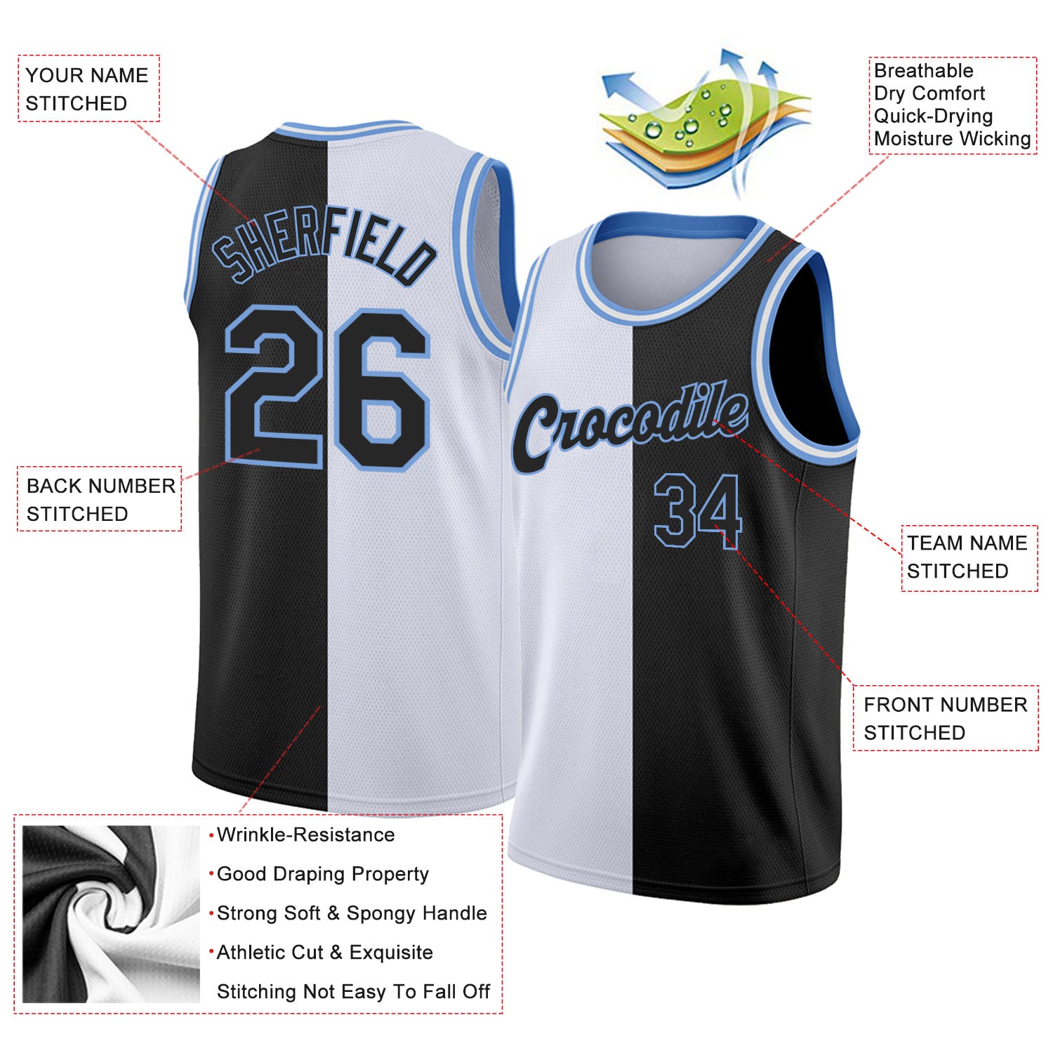 FANSIDEA Custom White Black-Light Blue Authentic Split Fashion Basketball Jersey Youth Size:XL