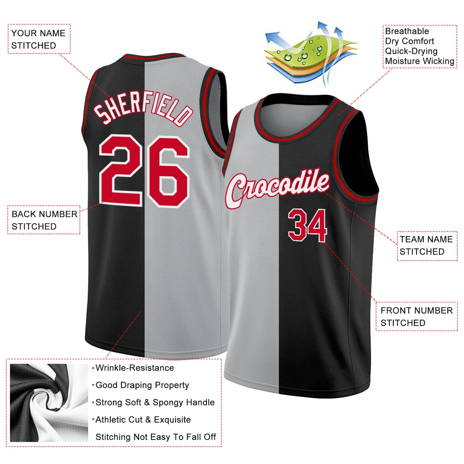 Custom Black Red-Gray Authentic Split Fashion Basketball Jersey