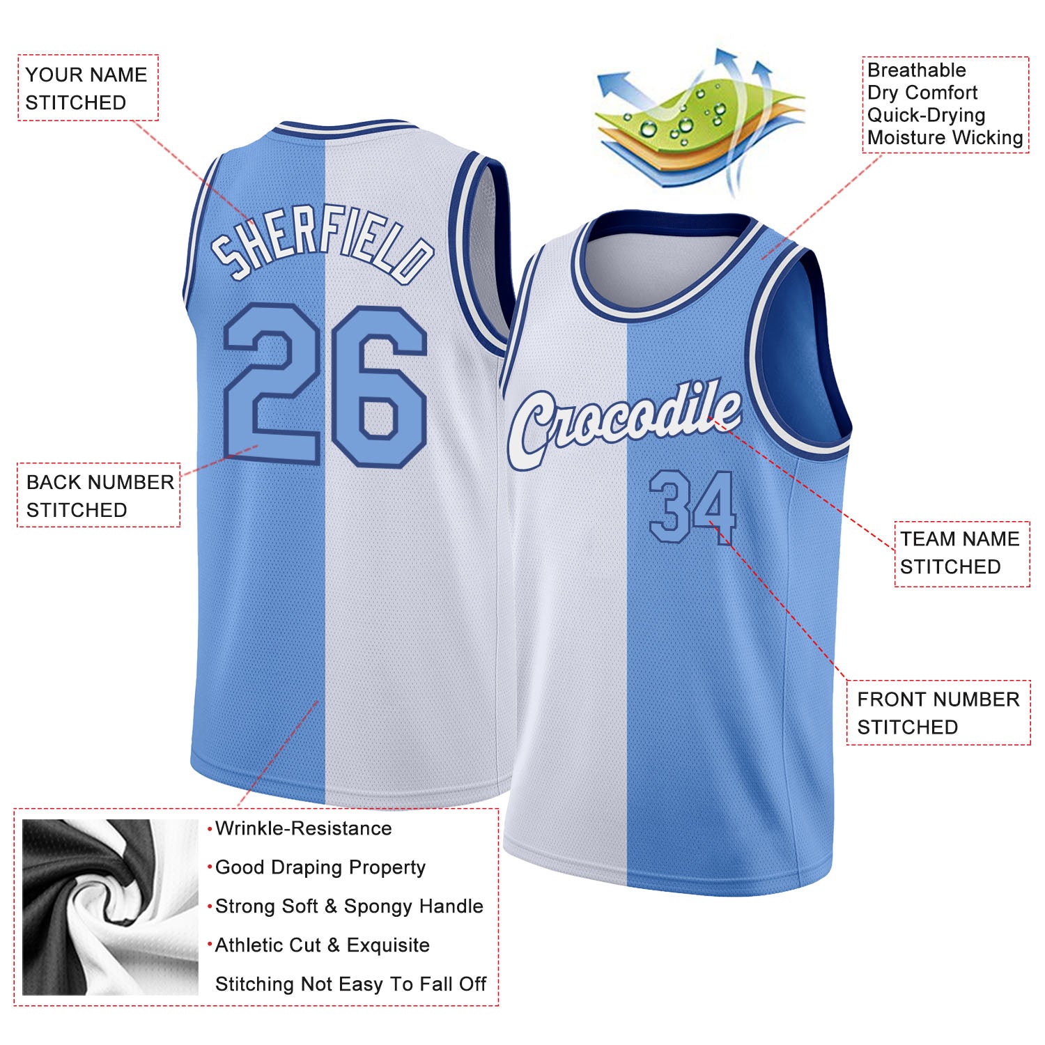Custom Light Blue White-Red Authentic Fade Fashion Basketball Jersey