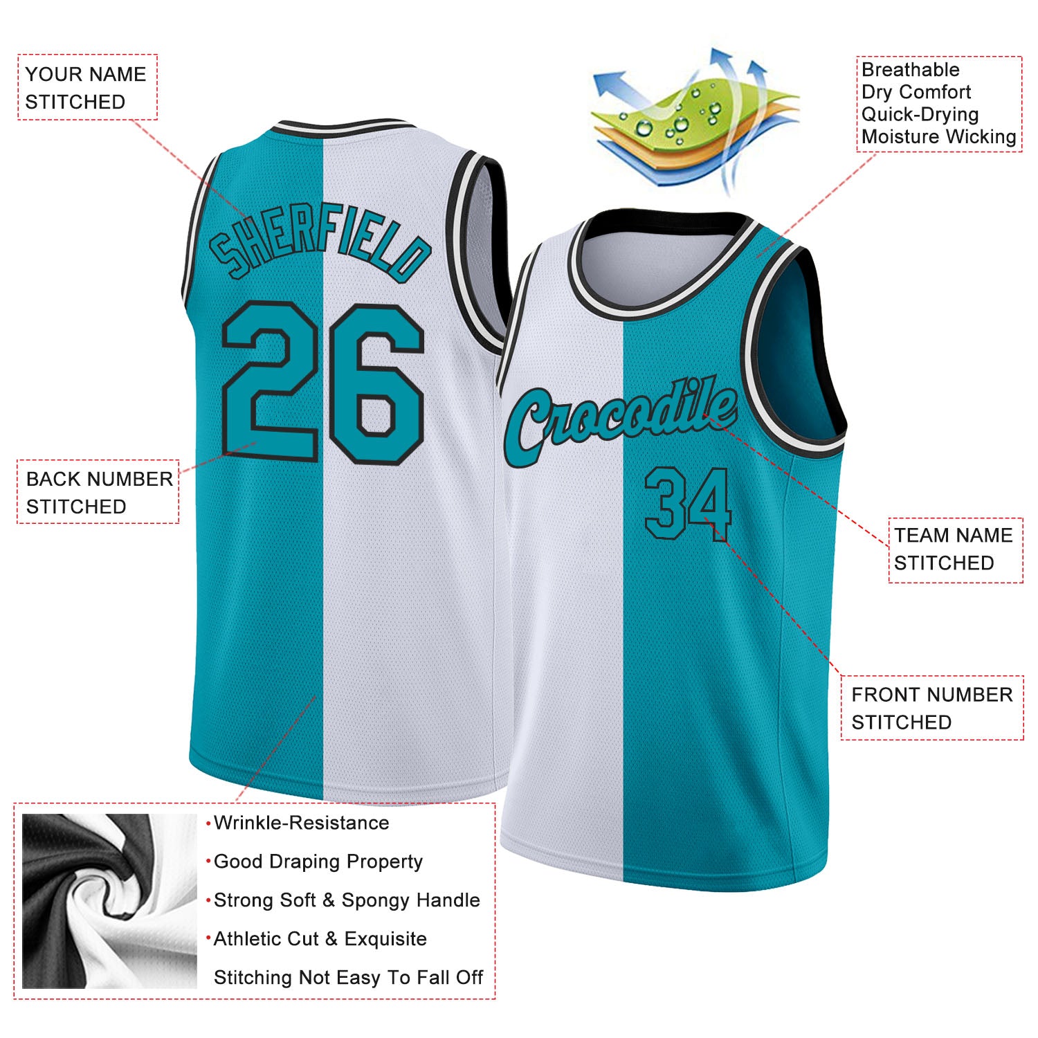 Custom White Teal-Black Authentic Split Fashion Basketball Jersey