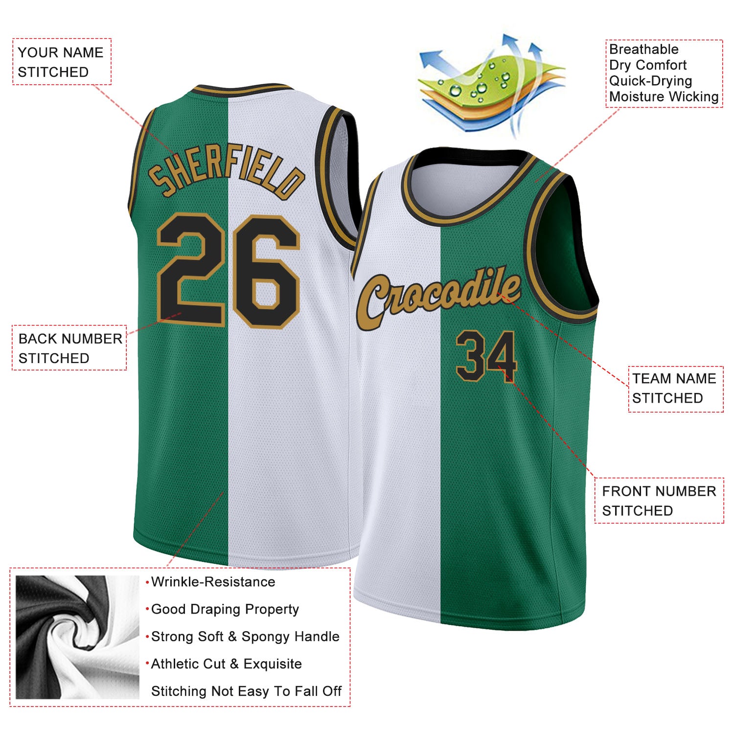 Custom Kelly Green Black-White Authentic Split Fashion Basketball Jersey