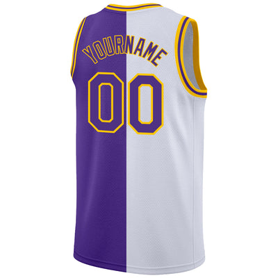 FANSIDEA Custom White Purple-Gold Authentic Split Fashion Basketball Jersey Men's Size:3XL