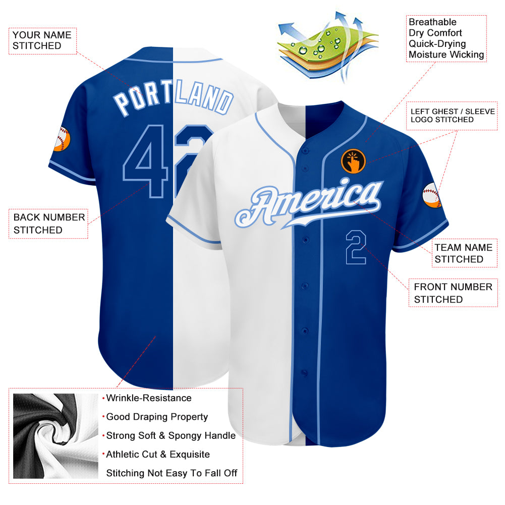 Custom White Royal-Light Blue Authentic Split Fashion Baseball Jersey