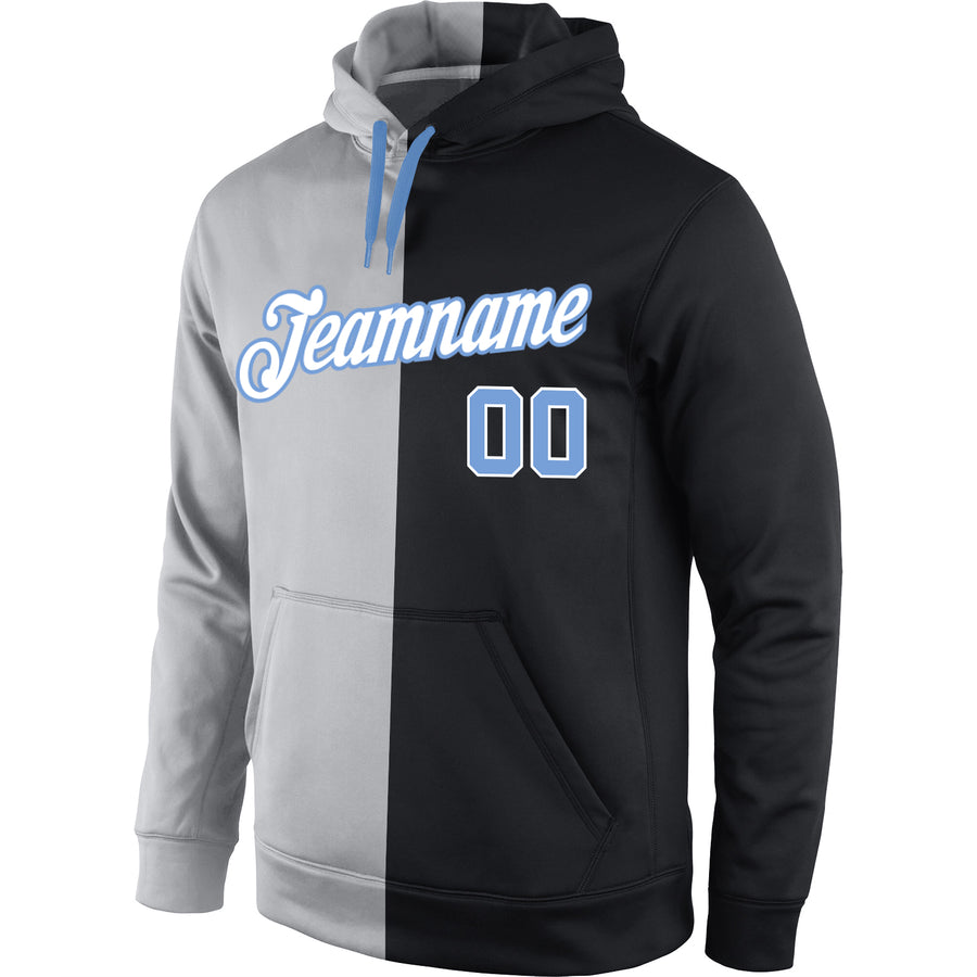 Custom Stitched Gray Light Blue-Black Split Fashion Sports Pullover Sweatshirt Hoodie