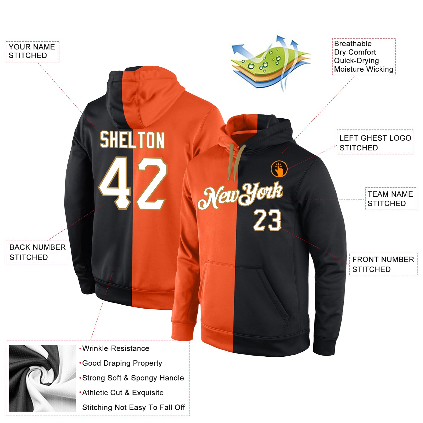 Custom Stitched Orange White-Black Split Fashion Sports Pullover Sweatshirt Hoodie