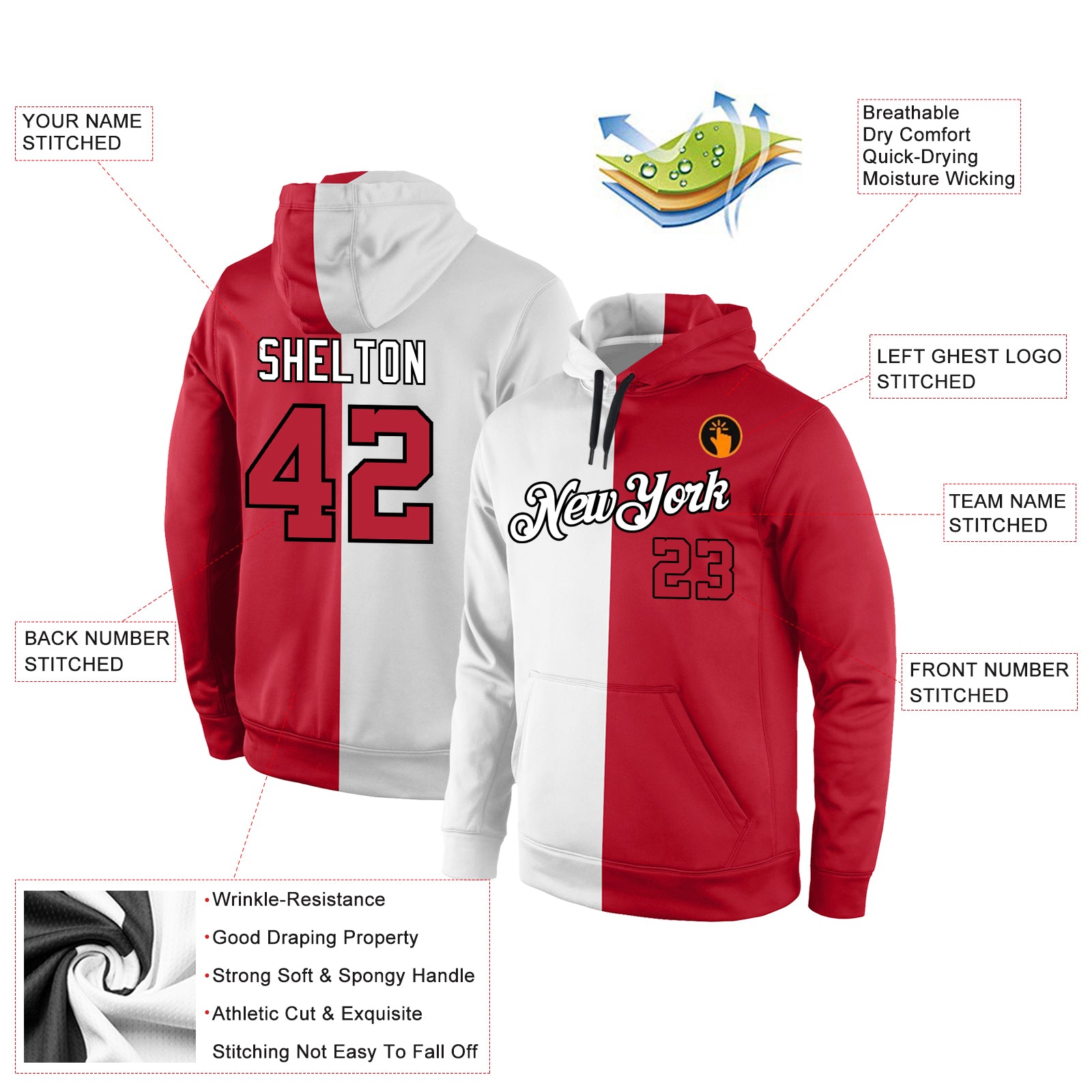 Custom Stitched White Red-Black Split Fashion Sports Pullover Sweatshirt Hoodie