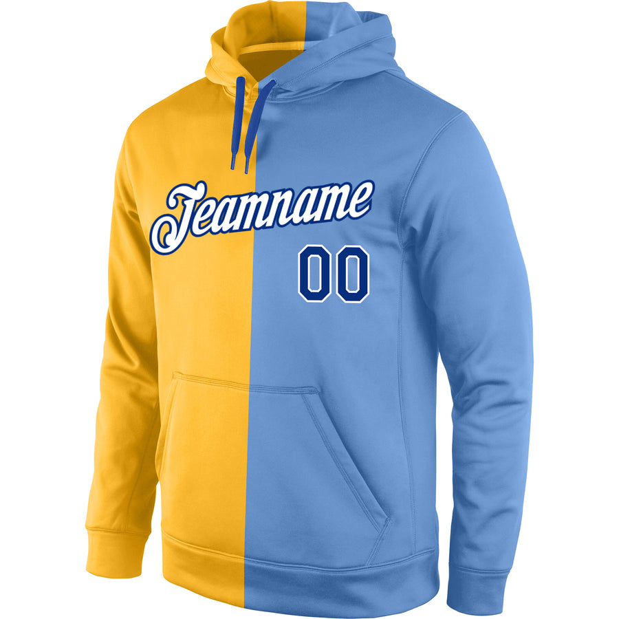 Custom Stitched Gold Royal-Light Blue Split Fashion Sports Pullover Sweatshirt Hoodie