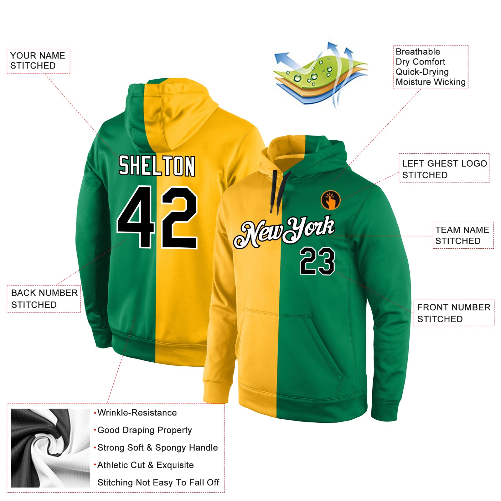 Custom Stitched Gold Black-Kelly Green Split Fashion Sports Pullover Sweatshirt Hoodie