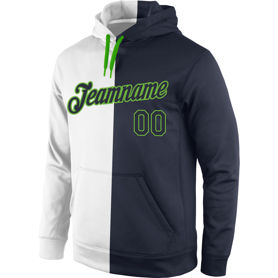 Custom Stitched White Navy-Neon Green Split Fashion Sports Pullover Sweatshirt Hoodie