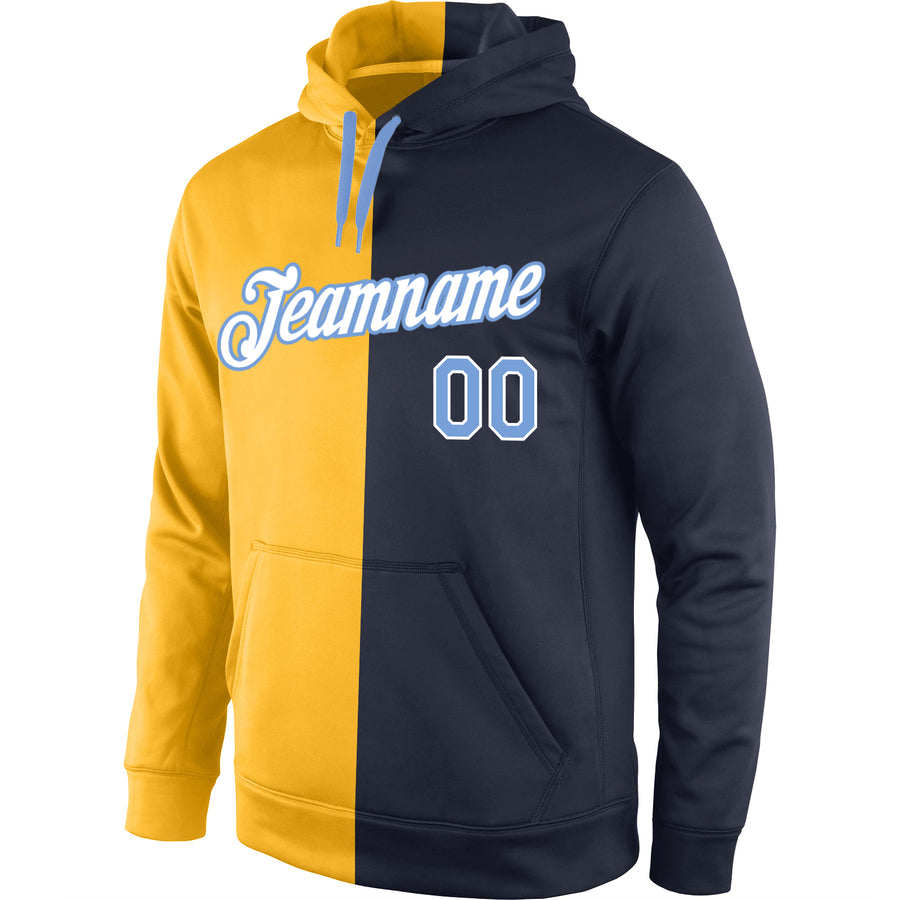 Custom Stitched Gold Light Blue-Navy Split Fashion Sports Pullover Sweatshirt Hoodie