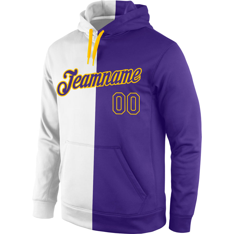 Custom Stitched White Purple-Gold Split Fashion Sports Pullover Sweatshirt Hoodie