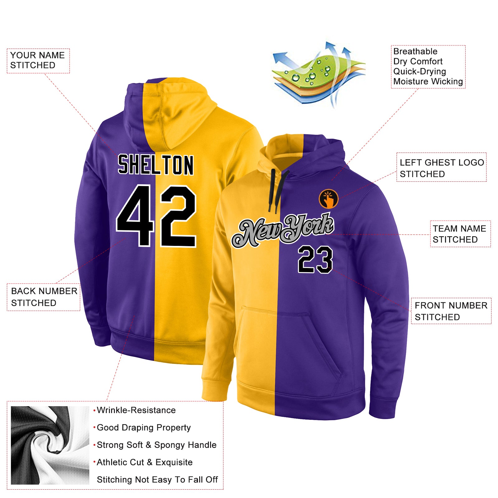 Custom Stitched Gold Black-Purple Split Fashion Sports Pullover Sweatshirt Hoodie