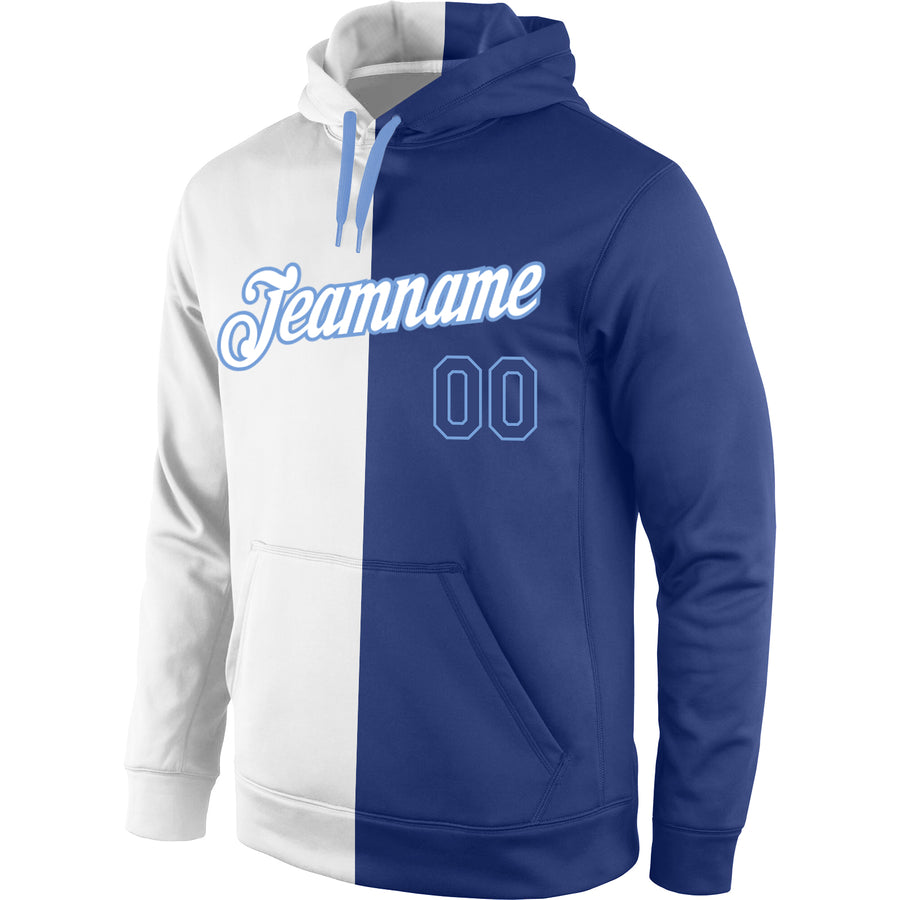 Custom Stitched White Royal-Light Blue Split Fashion Sports Pullover Sweatshirt Hoodie