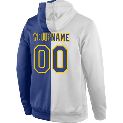 Custom Stitched White Royal-Gold Split Fashion Sports Pullover Sweatshirt Hoodie