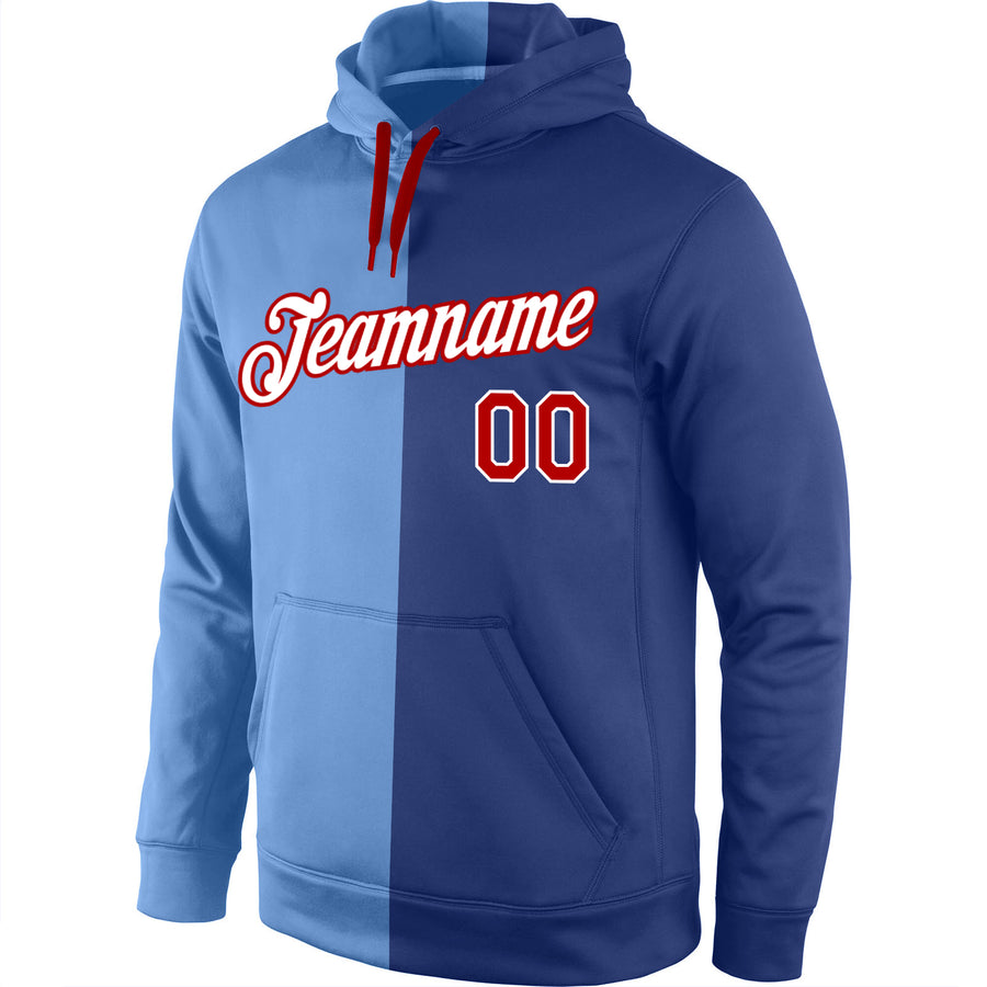 Custom Stitched Light Blue Red-Royal Split Fashion Sports Pullover Sweatshirt Hoodie