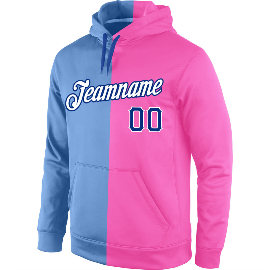 Custom Stitched Light Blue Royal-Pink Split Fashion Sports Pullover Sweatshirt Hoodie