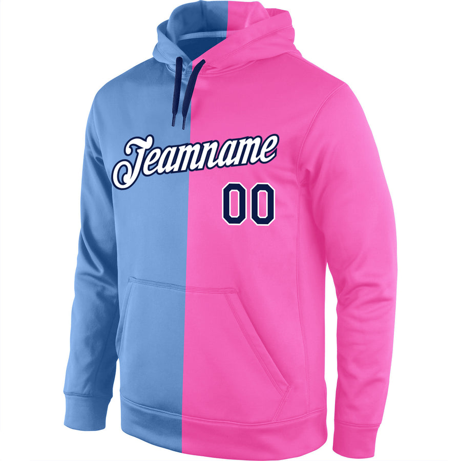 Custom Stitched Light Blue Navy-Pink Split Fashion Sports Pullover Sweatshirt Hoodie