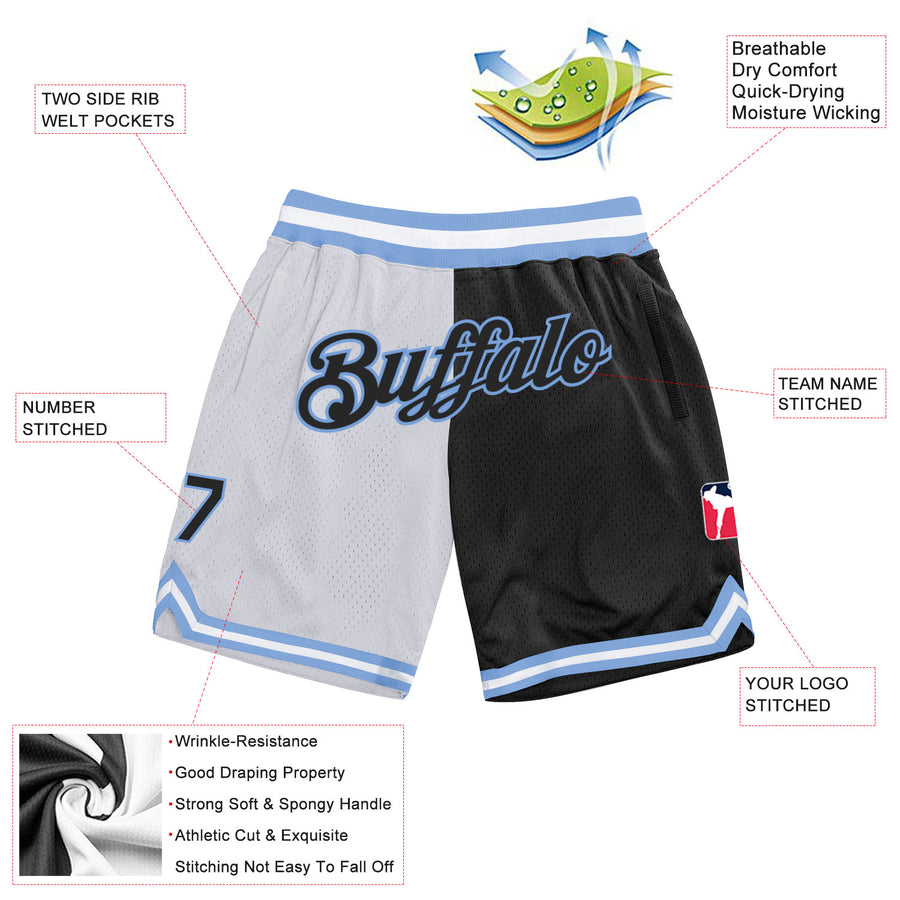 Custom White Black-Light Blue Authentic Throwback Split Fashion Basketball Shorts