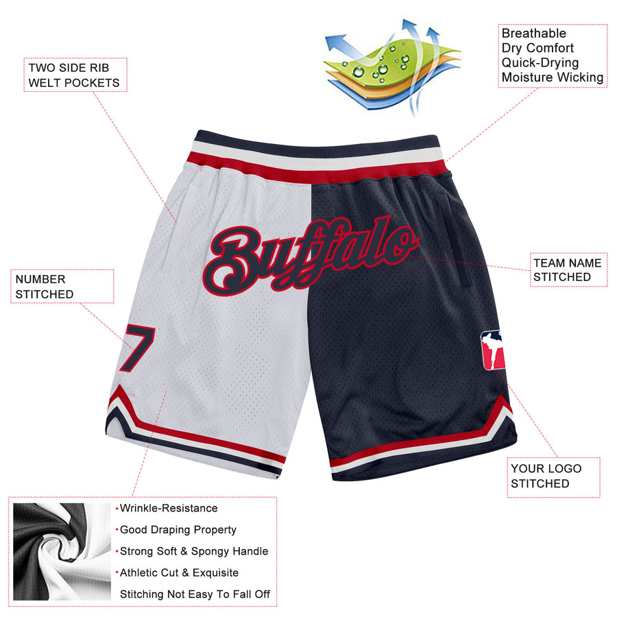 Custom White Navy-Red Authentic Throwback Split Fashion Basketball Shorts