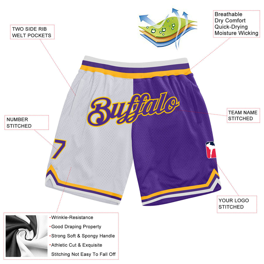 Custom White Purple-Gold Authentic Throwback Split Fashion Basketball Shorts