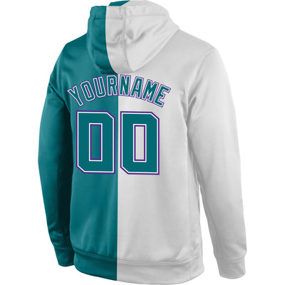 Custom Stitched White Aqua-Purple Split Fashion Sports Pullover Sweatshirt Hoodie