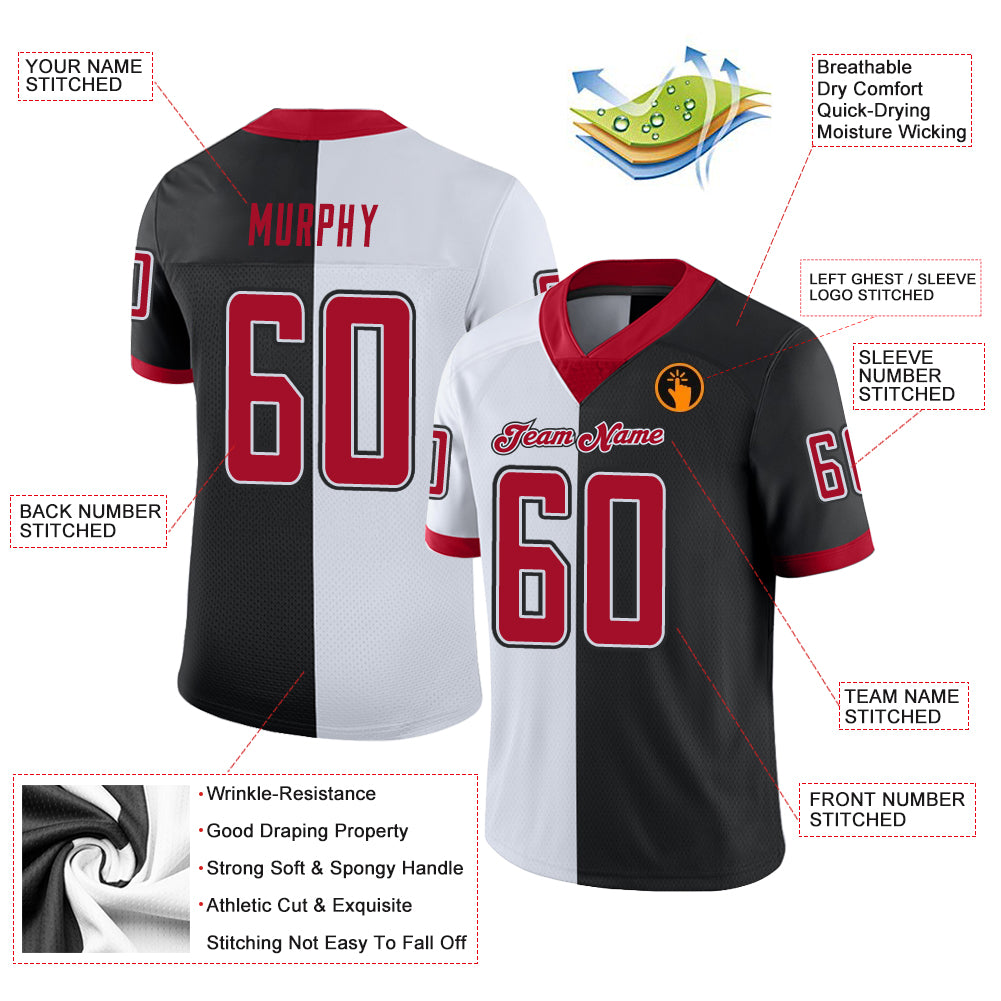 Custom Black Red-White Mesh Split Fashion Football Jersey