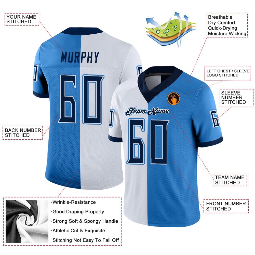 Custom Powder Blue Navy-White Mesh Split Fashion Football Jersey