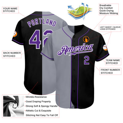 Custom Black Purple-Gray Authentic Split Fashion Baseball Jersey