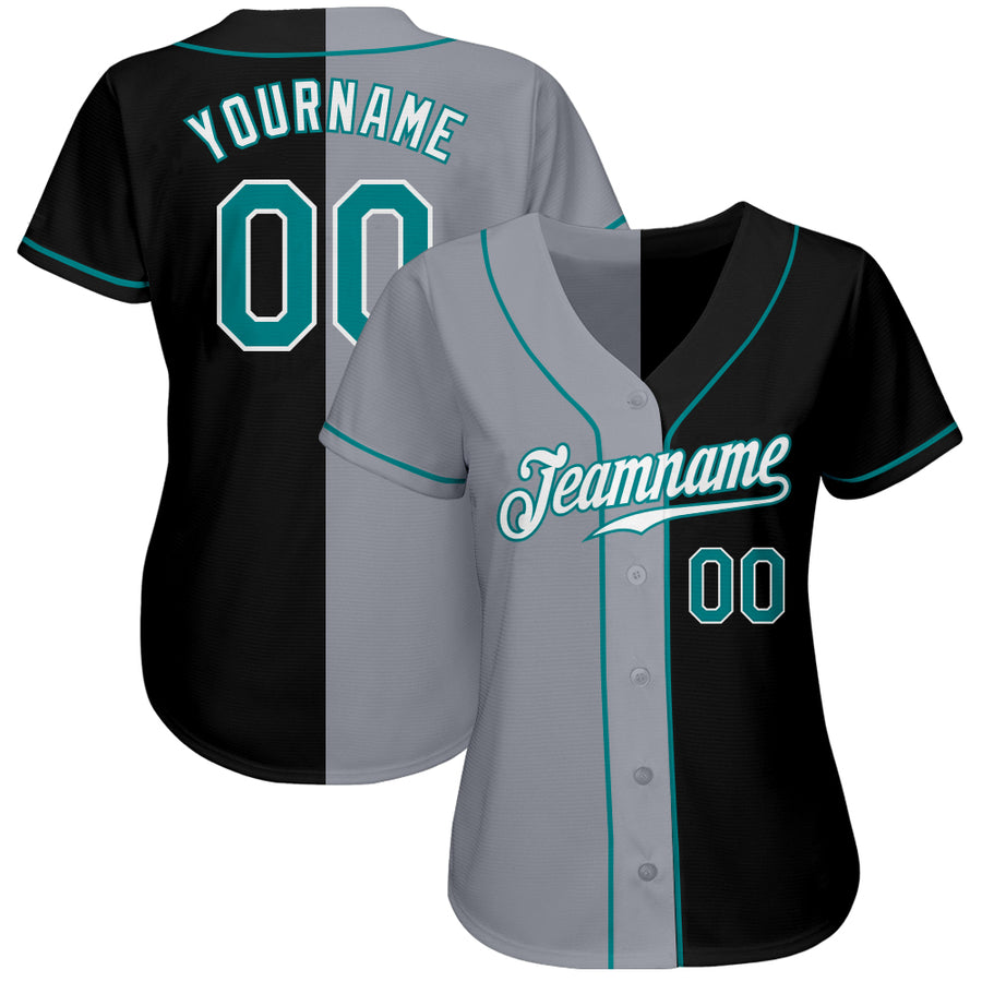 Custom Black Teal-Gray Authentic Split Fashion Baseball Jersey